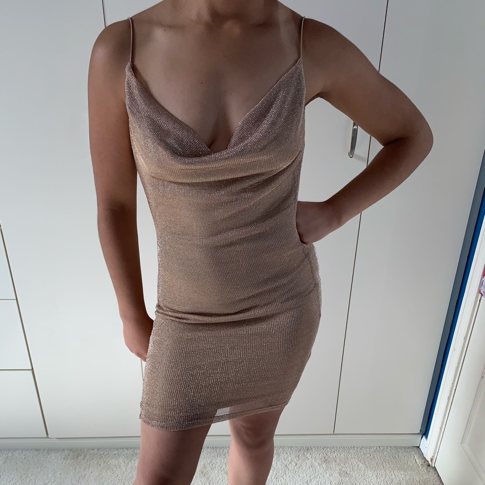 Sparkly Champagne Woven Mesh Spaghetti Strap Dress